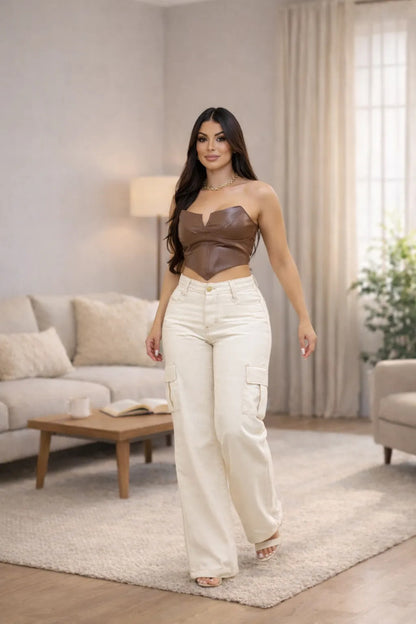 Calça Cargo Feminina Wide Leg Cintura Alta Jeans  Stillger