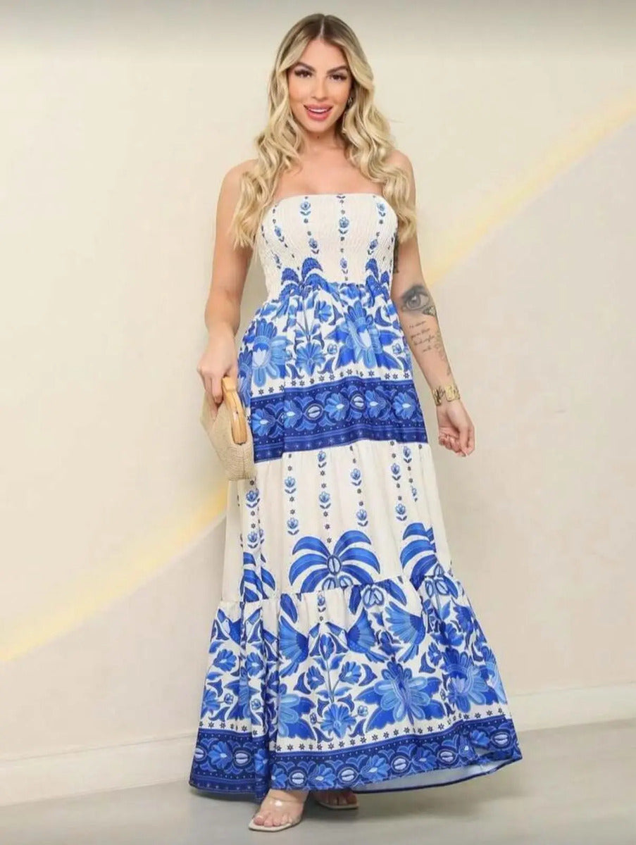 Lightweight Elastic Floral Strapless Long Dress Summer Fashion