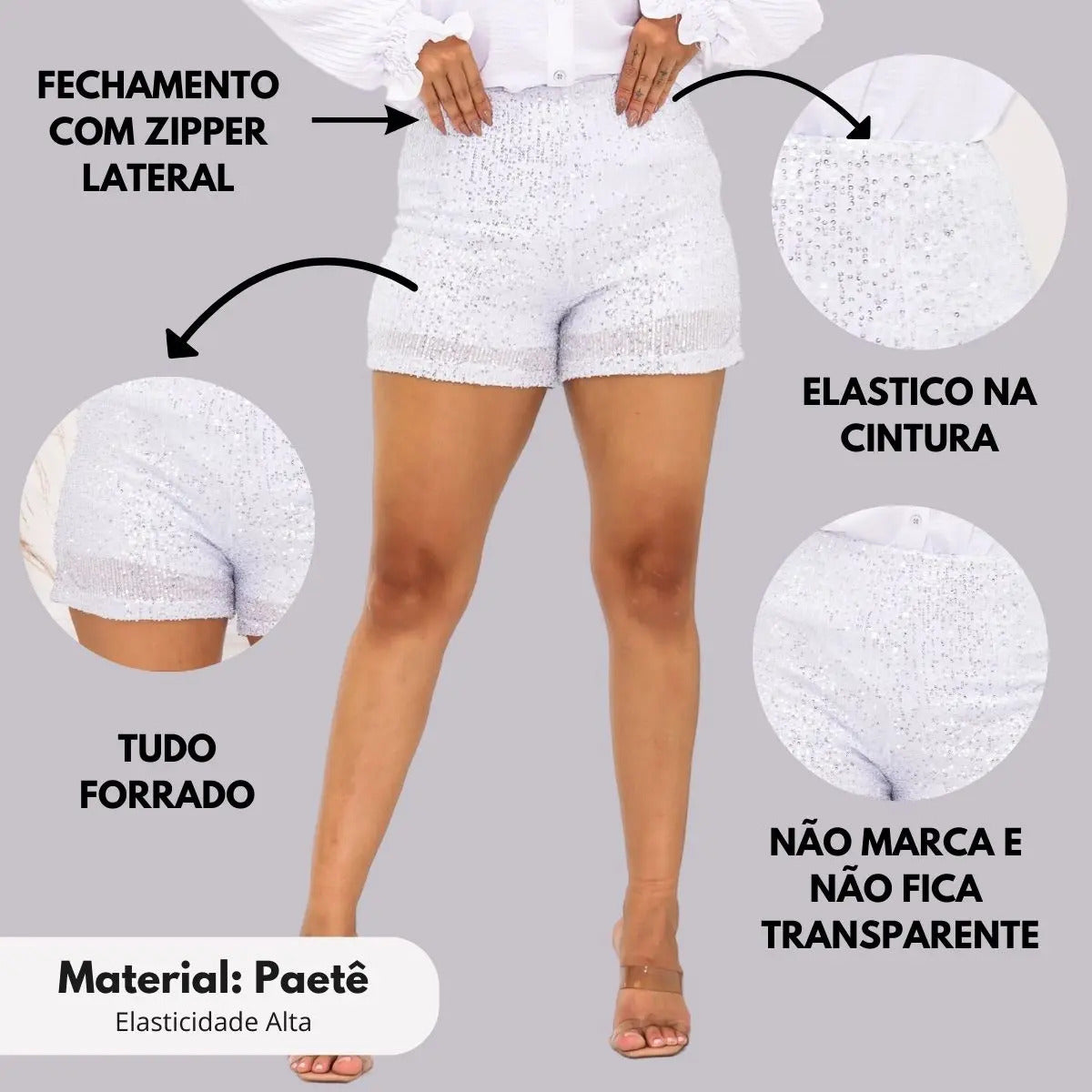 Short Bermuda Feminino Cintura Alta Paetê Balada Moda Brilho