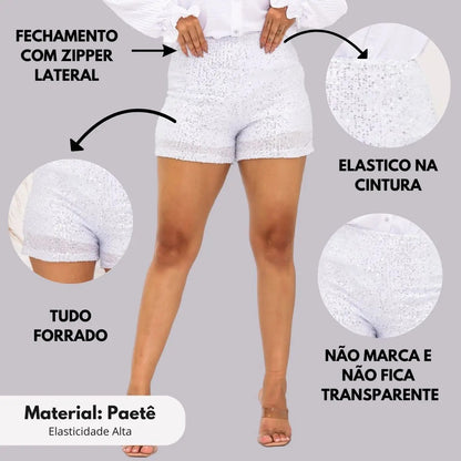 Short Bermuda Feminino Cintura Alta Paetê Balada Moda Brilho