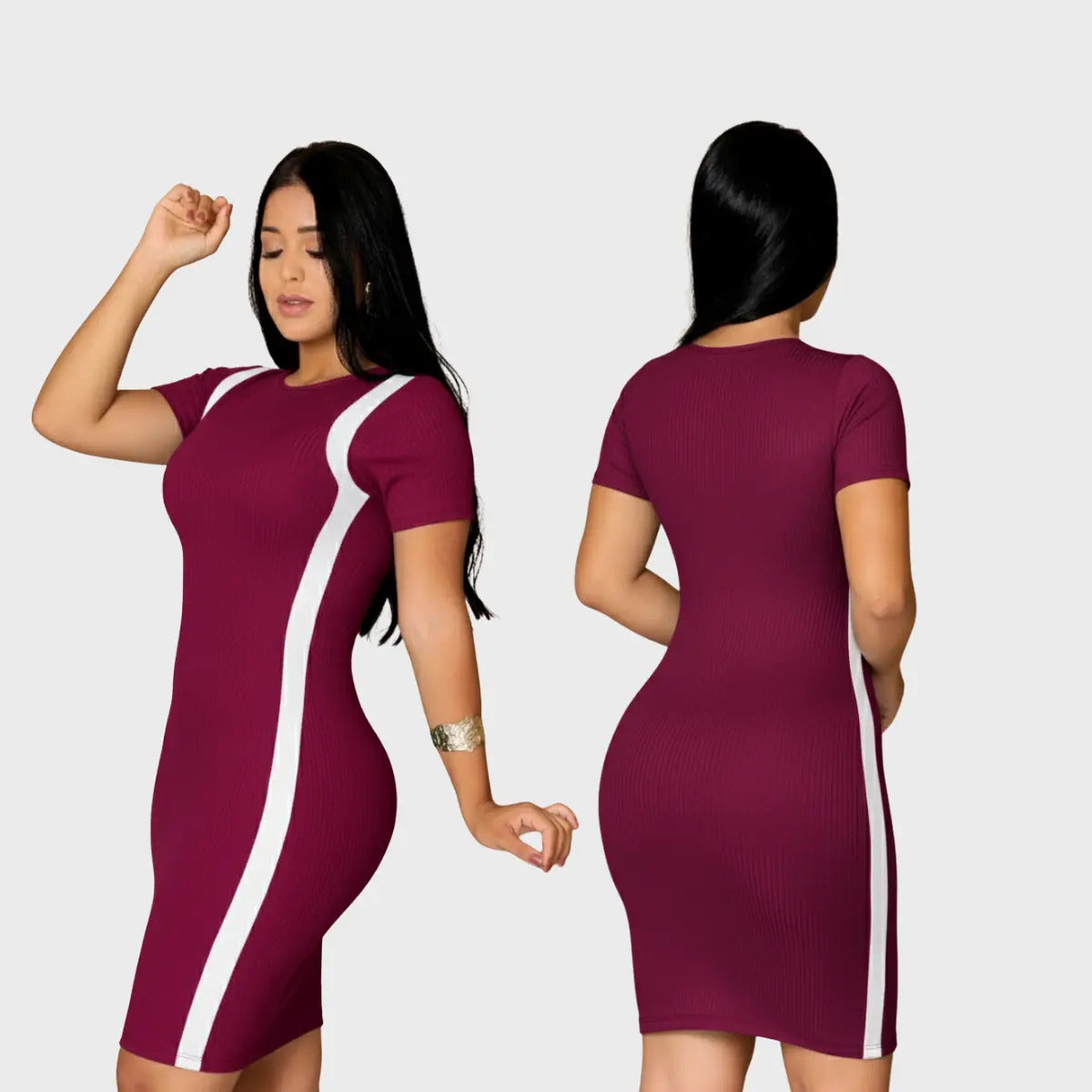 Vestido Canelado Curto Com Manga Casual Básico Modelador
