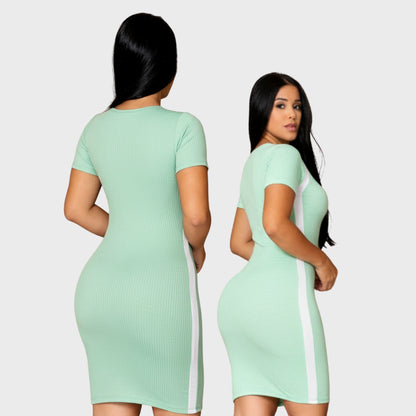 Vestido Canelado Curto Com Manga Casual Básico Modelador