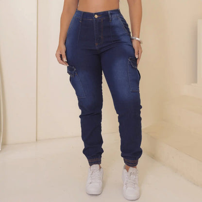 Calça Cargo Jogger Jeans Feminina Cintura Alta Com Lycra