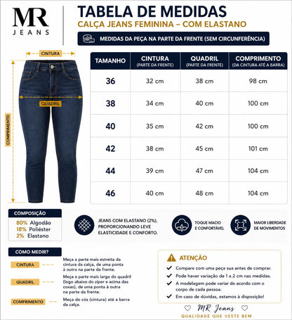 Kit 3 Calça Jeans Feminina Cintura Alta C/ Elastano Lycra