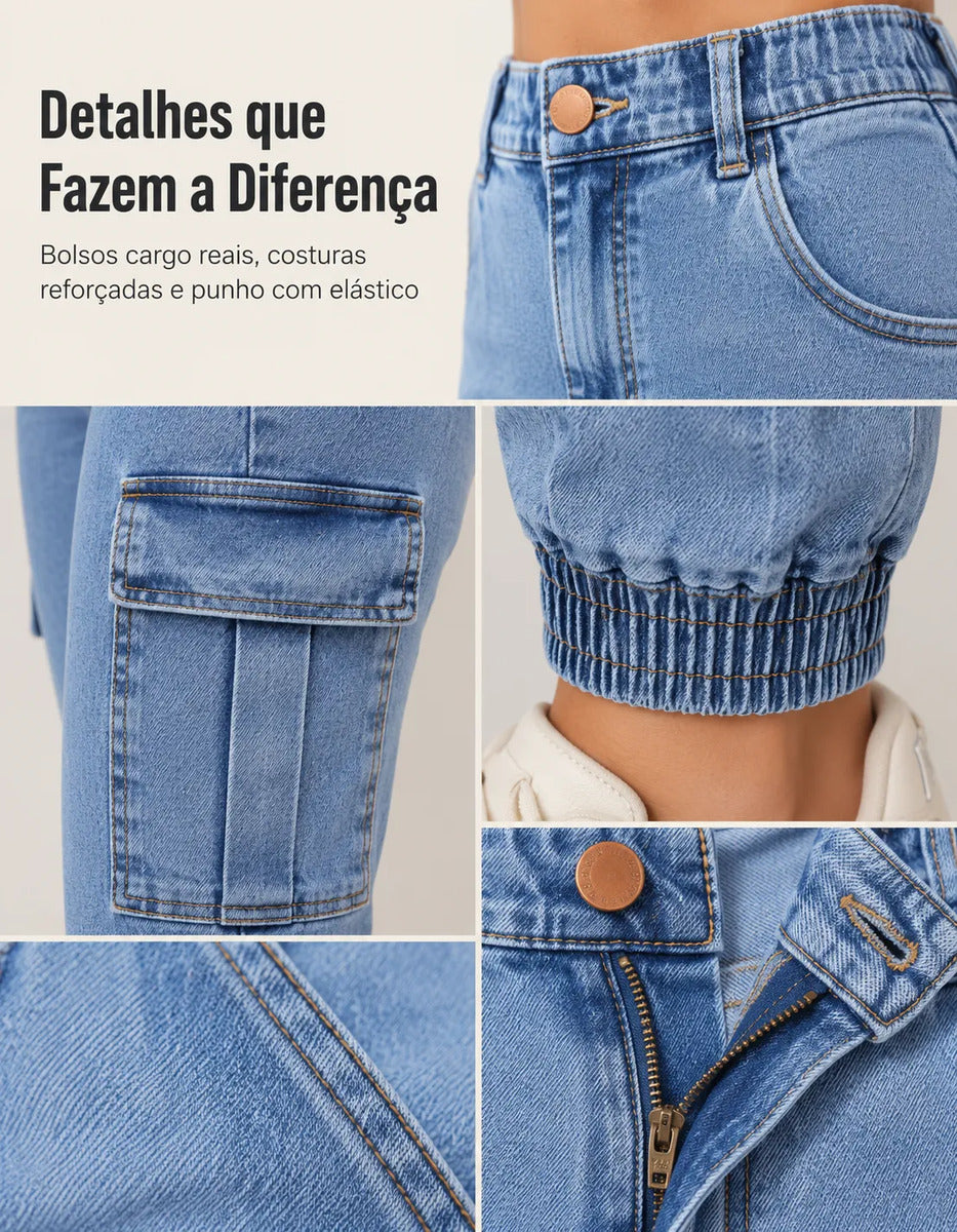 Calça Cargo Jogger Jeans Feminina Cintura Alta Com Lycra