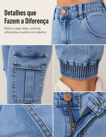 Calça Cargo Jogger Jeans Feminina Cintura Alta Com Lycra