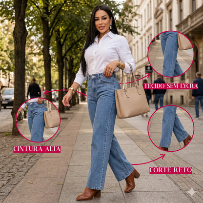 Calça Jeans Wide Leg Feminina Cintura Alta Caimento Perfeito