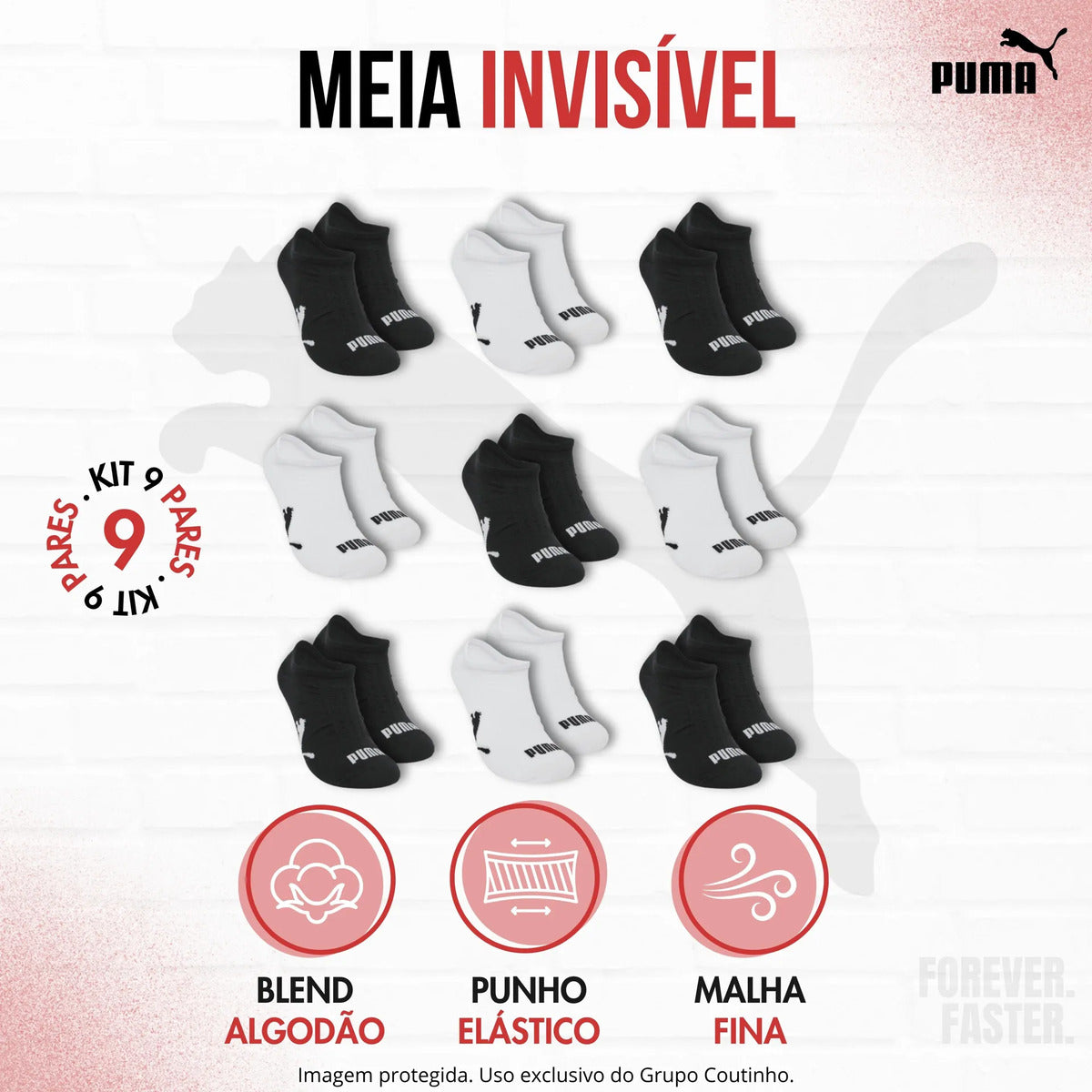 Kit 9 Pares Meias Invisível Puma Sapatilha Soquete Original