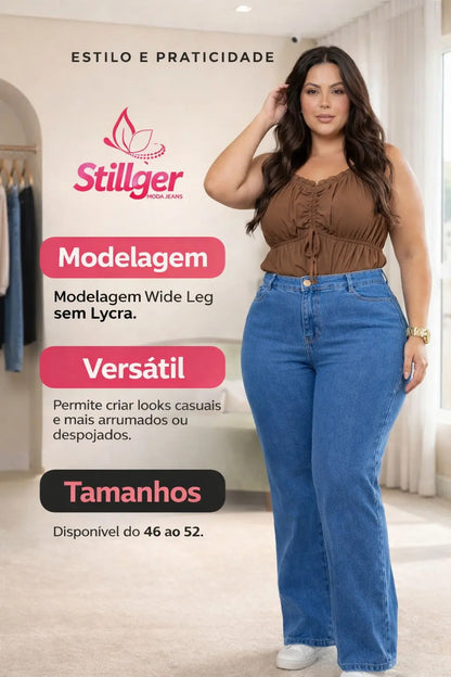 Calça Plus Size Jeans Feminina Wide Leg Levanta Bumbum