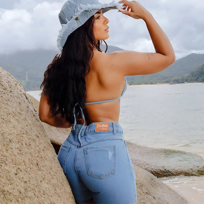 Bermuda Feminina Meia Coxa Jeans Cintura Alta Empina Bumbum