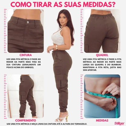 Calça Cargo Jogger Jeans Feminina Cintura Alta Com Lycra