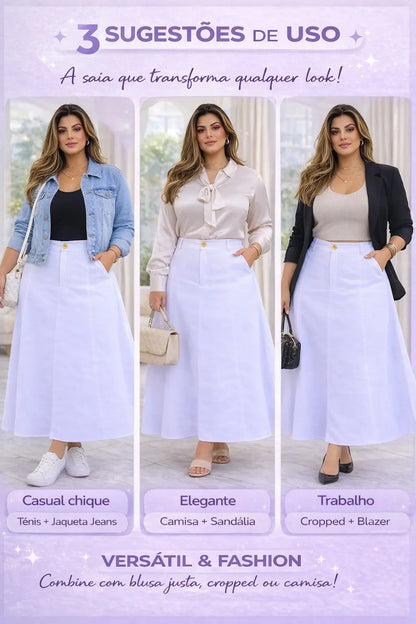 Saia Alfaiataria Plus Size Rodada Evasê Cós Alto Evangélica