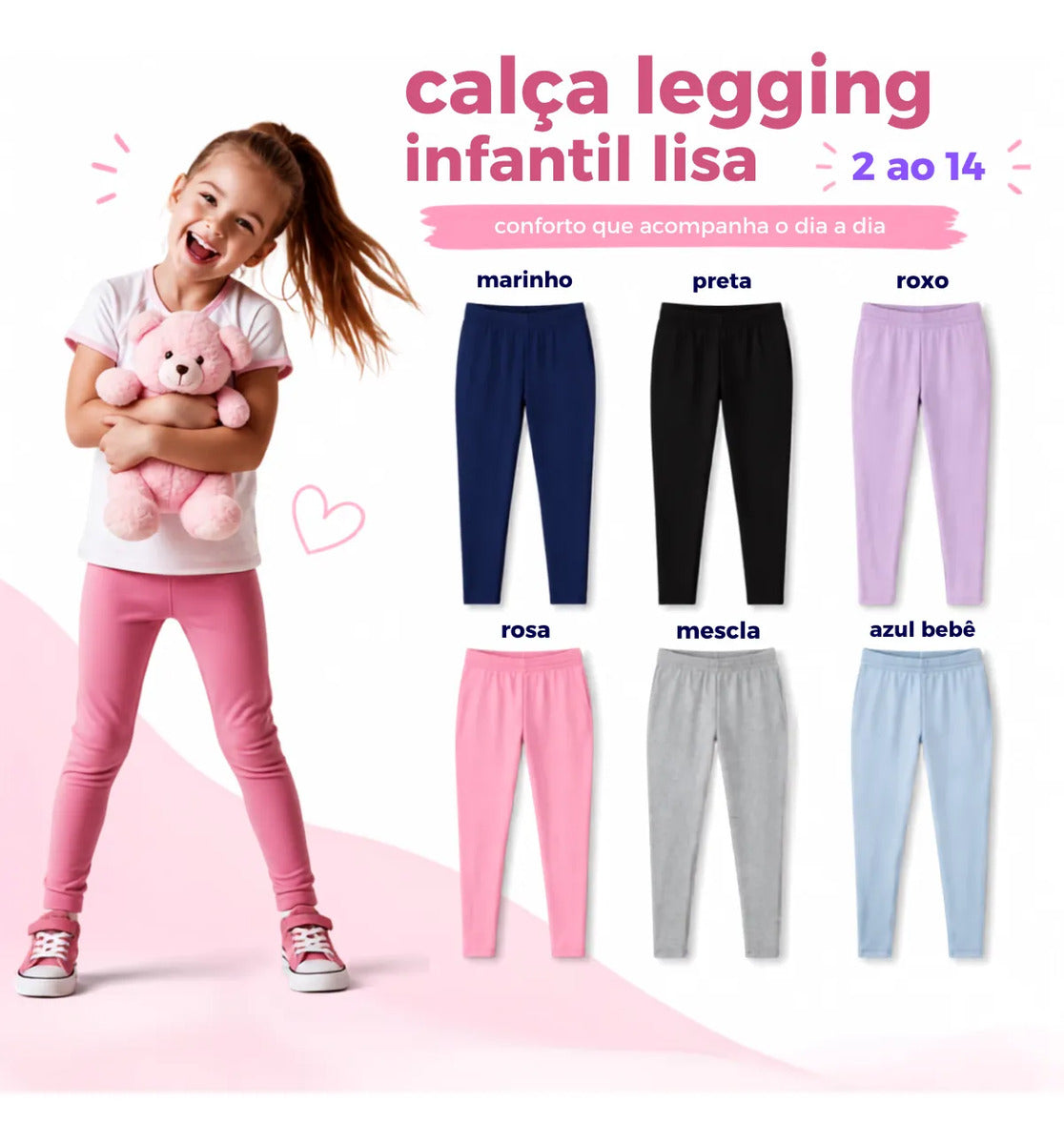 Kit 3 Calça Legging Menina Infantil Algodão Lisa Sortida