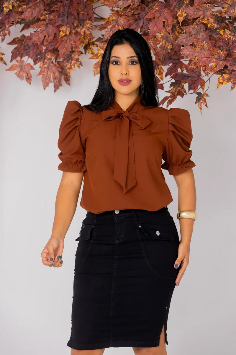 Blusa Emily Gola Laço Manga Curta Bufante
