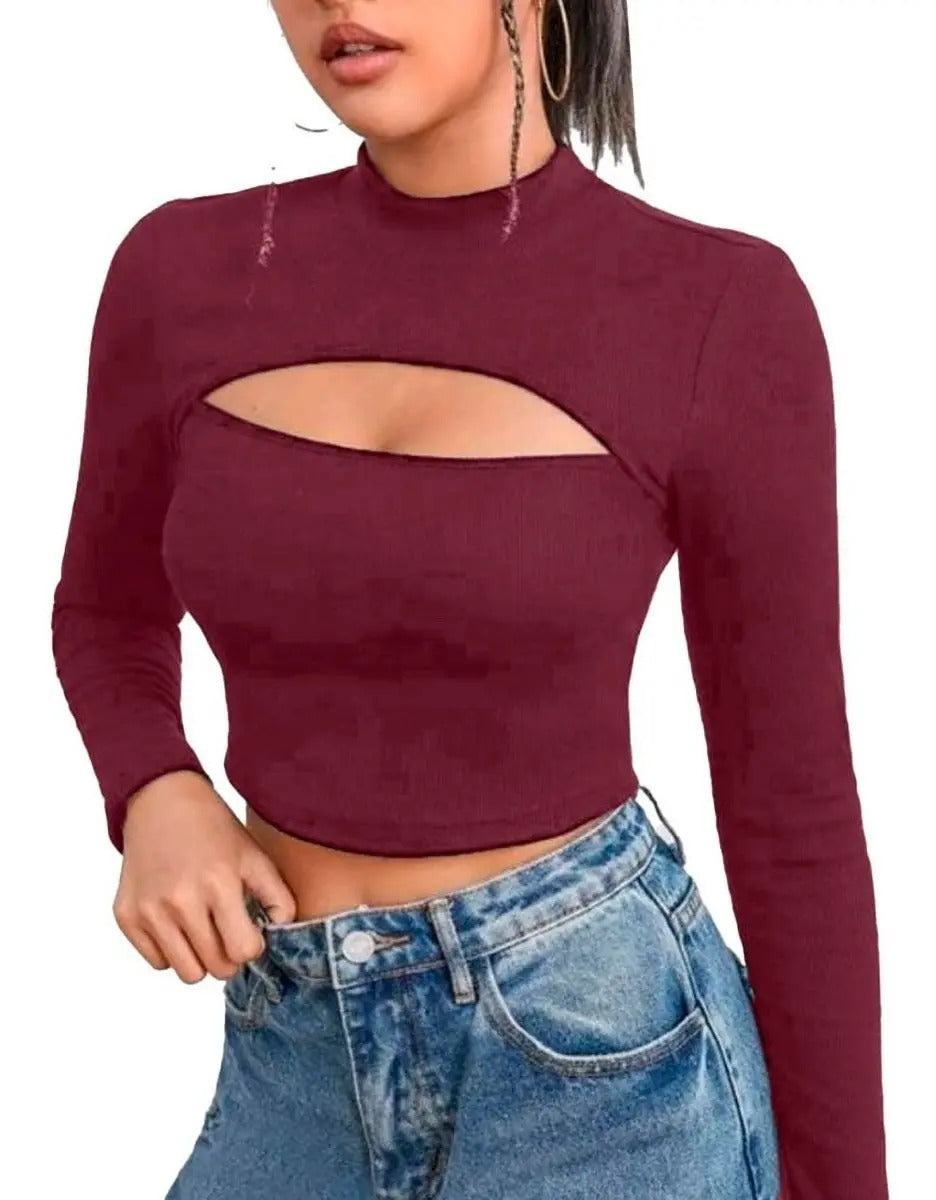 Cropped Gringa Manga Longa Blusinha Blogueira Gola Alta
