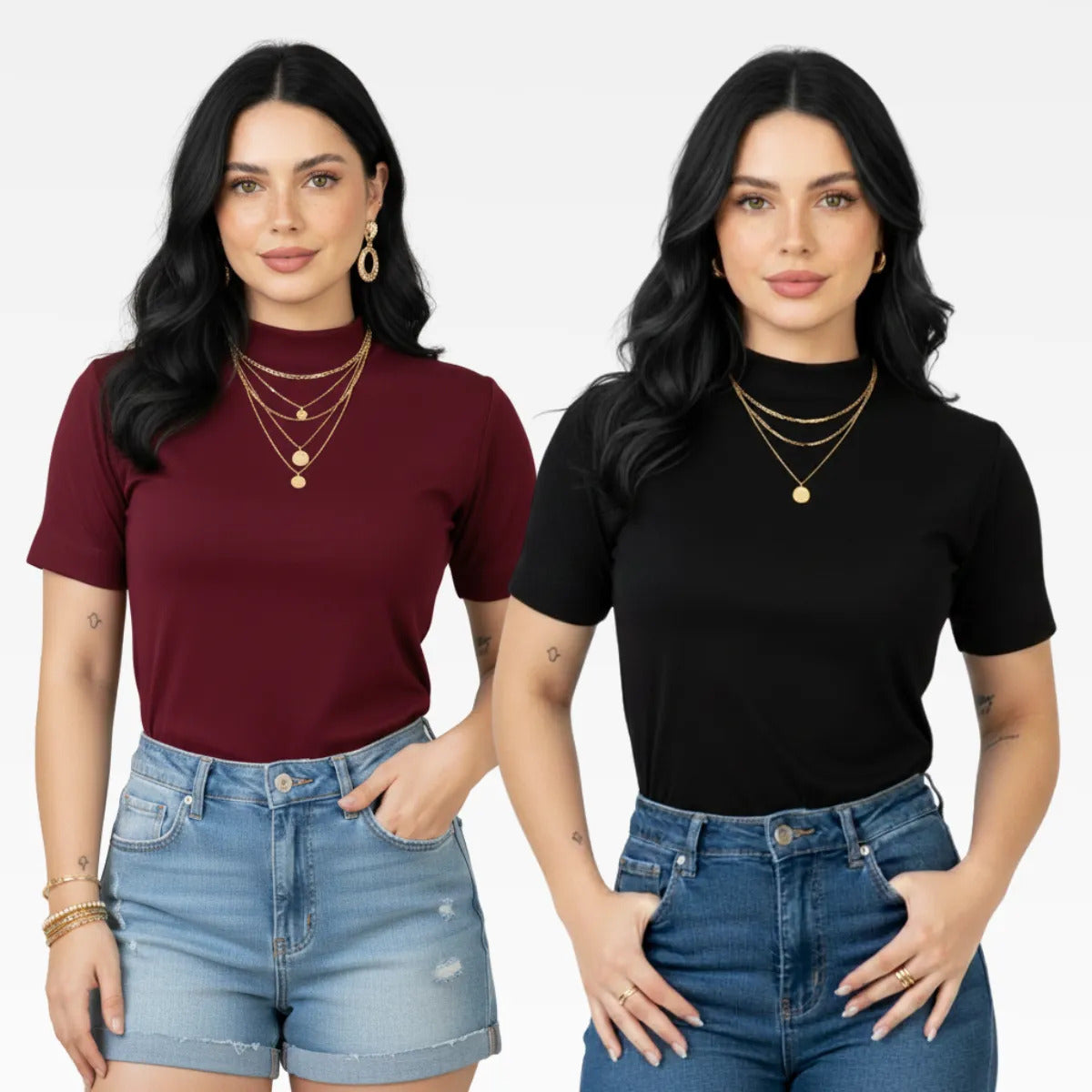 Kit 2 Blusas Camiseta Feminina T Shirt Gola Alta Inverno