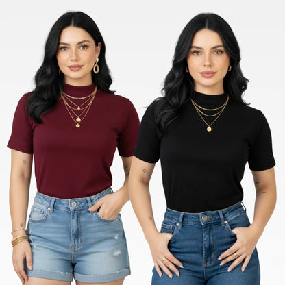Kit 2 Blusas Camiseta Feminina T Shirt Gola Alta Inverno
