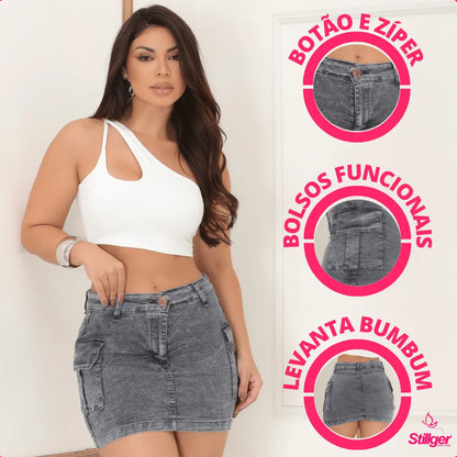 Saia Cargo Feminina Cintura Alta Com Lycra Levanta Bumbum