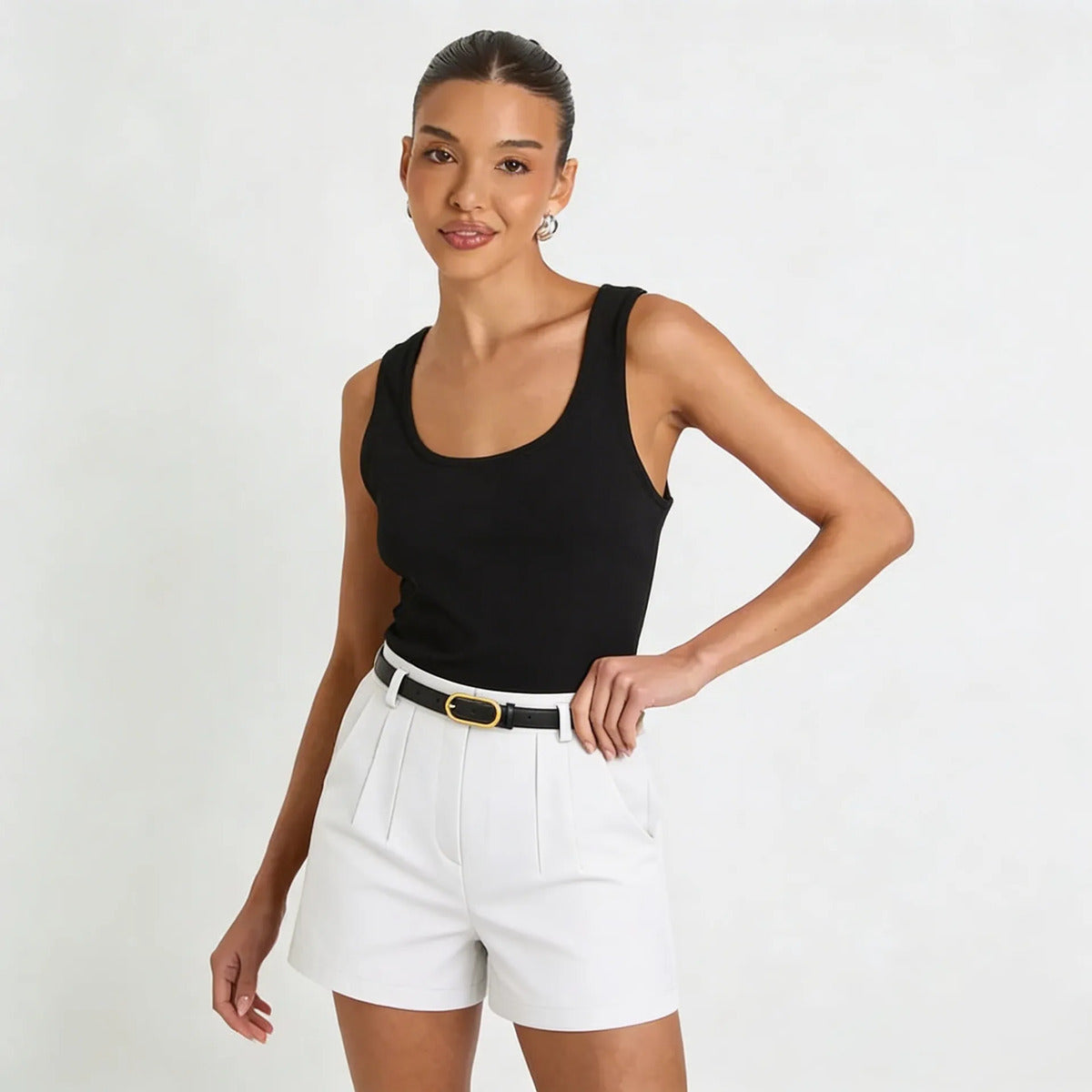 Short Alfaiataria Feminino Social Cintura Alta Cinto Bolso