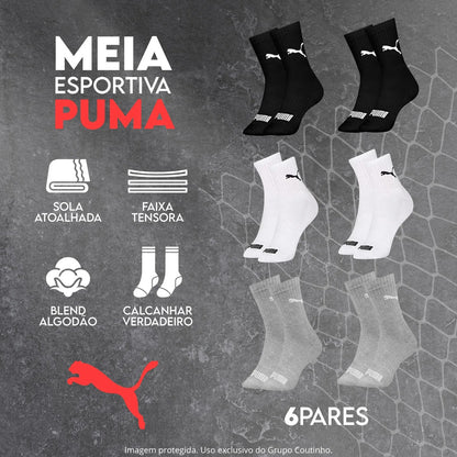 6 Pares Meias Puma Cano Médio Alto Atoalhada Academia Sport