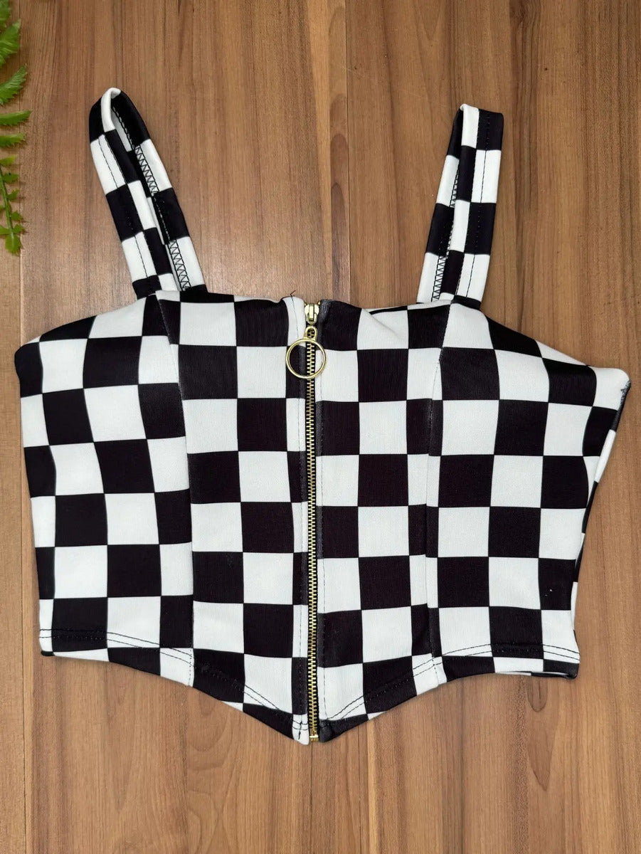 Cropped Zipper Corset Xadrez Balada Country Luxo Premium