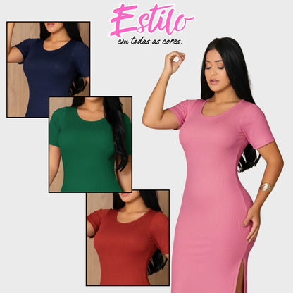 Vestido Canelado Midi Com Manga e Fenda Lateral Casual Básico