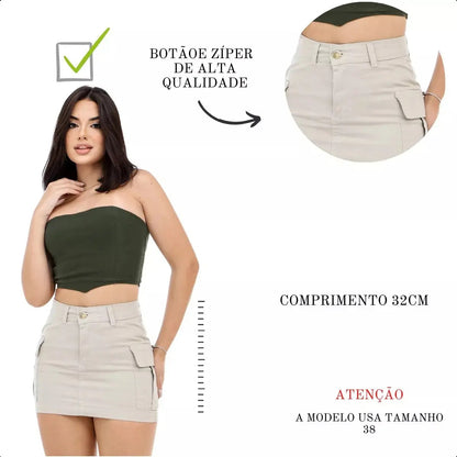 Saia Cargo Feminina Mini Jeans Algodão C/ Lycra