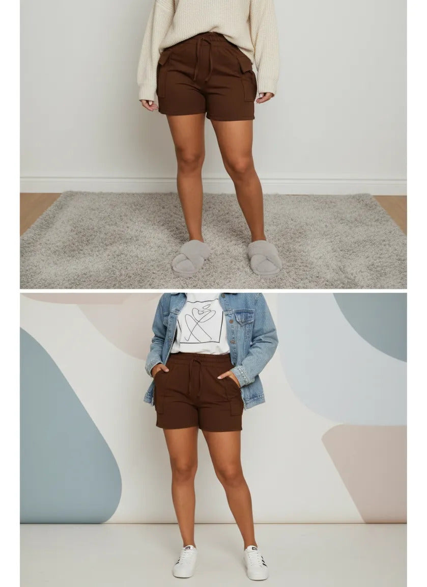 Shorts Cargo Moletom Feminino Com Bolso Lateral Moletinho