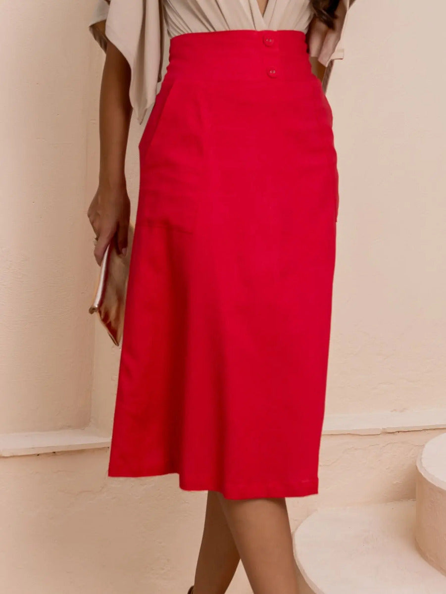 Saia Midi De Linho Elegante Com Botões Encapados