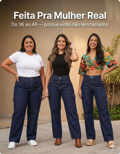 Calça Cargo Feminina Wide Leg Cintura Alta Jeans  Stillger