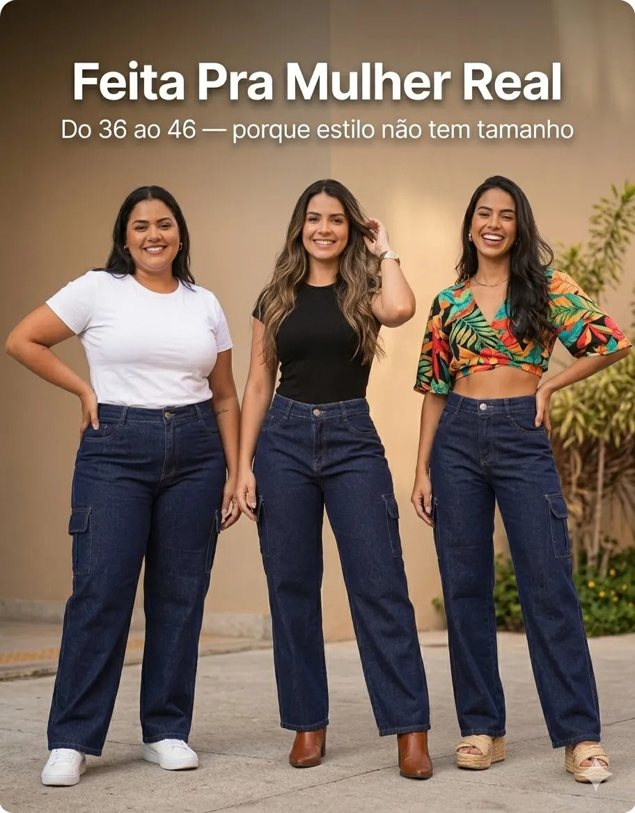 Calça Cargo Feminina Wide Leg Cintura Alta Jeans  Stillger