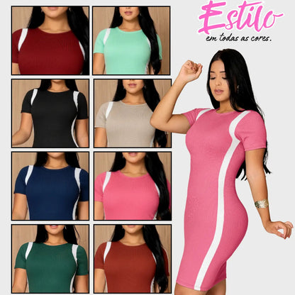 Vestido Canelado Curto Com Manga Casual Básico Modelador
