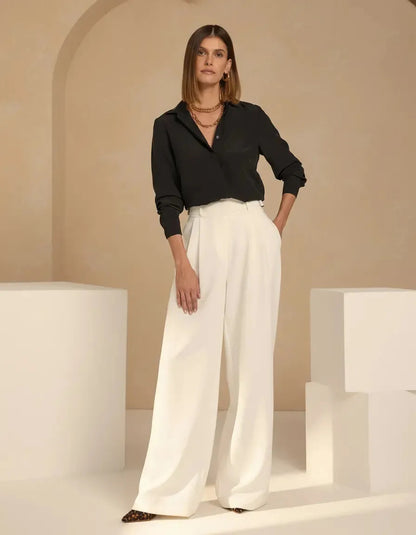 Camisa Seda Feminina Botão Gringa Blusa Moda Clássica 2026