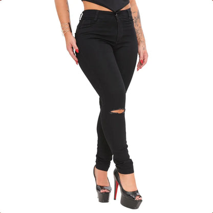 Calça Preta Jeans Feminina Com Elastano Cintura Alta Skinny