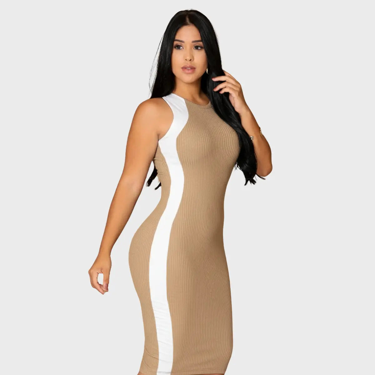 Vestido Canelado Midi Faixas Regata Casual Básico Modelador