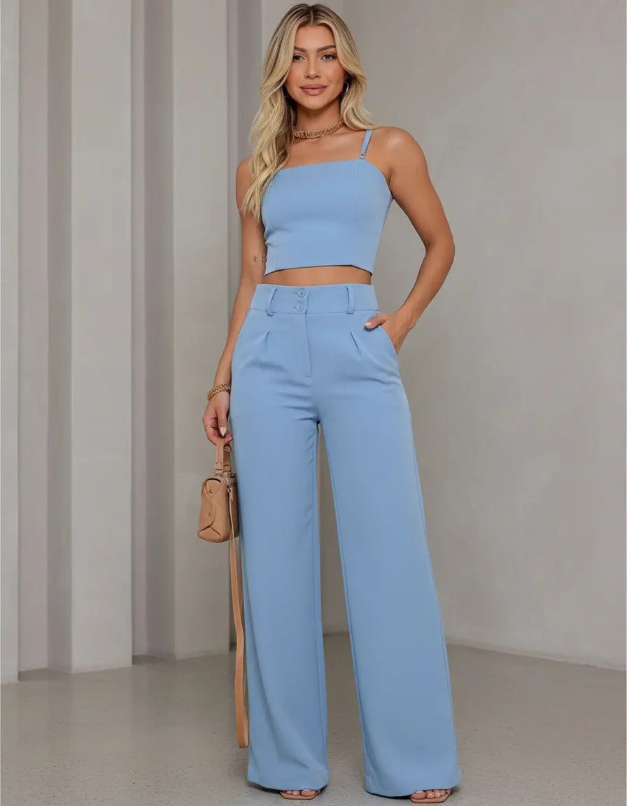 Calça Pantalona Alfaiataria Wide Leg Social Cintura Alta