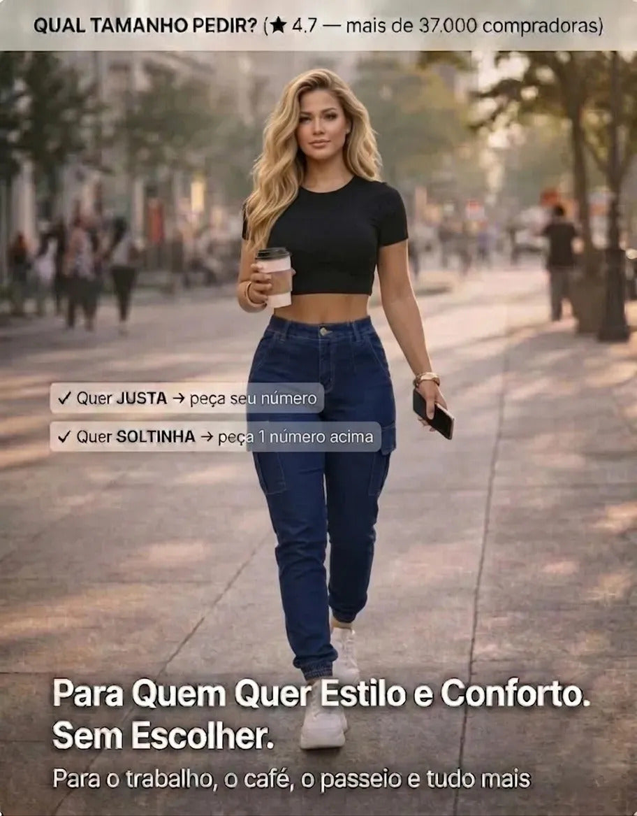 Calça Cargo Jogger Jeans Feminina Cintura Alta Com Lycra