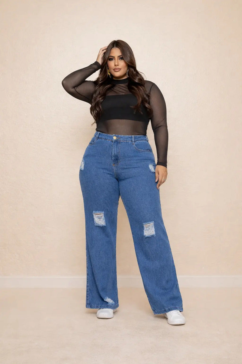 Calça Plus Size Jeans Feminina Wide Leg Levanta Bumbum