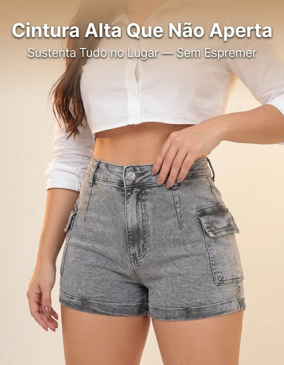 Short Jeans Feminino Shorts Cargo Com Lycra Cintura Alta