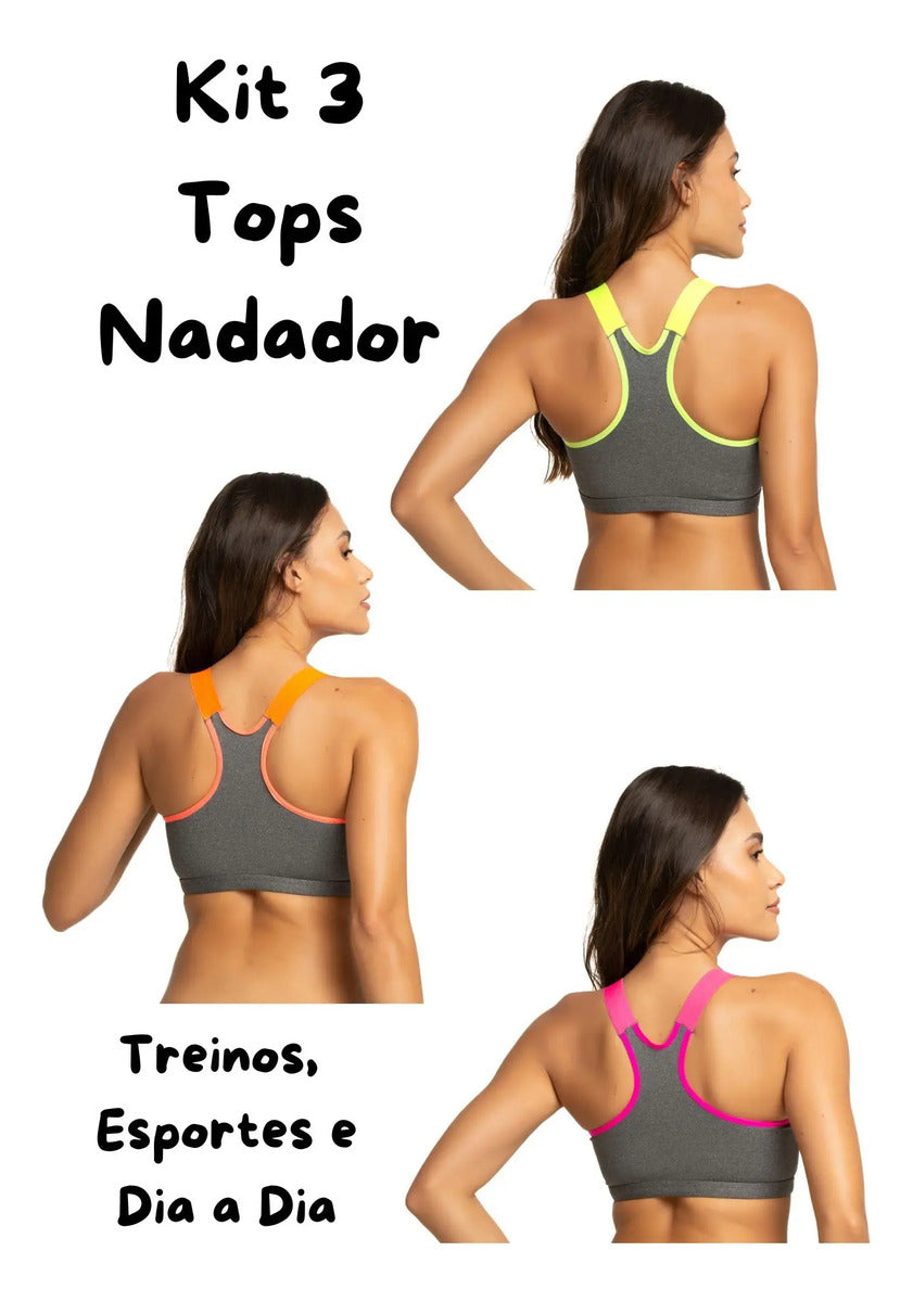 Kit 3 Top Fitness Neon Fashion Academia Nadador Frente Dupla
