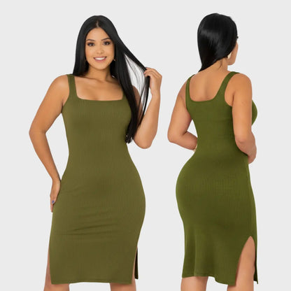 Vestido Midi Canelado Premium Com Alça E Fendas Casual Básico