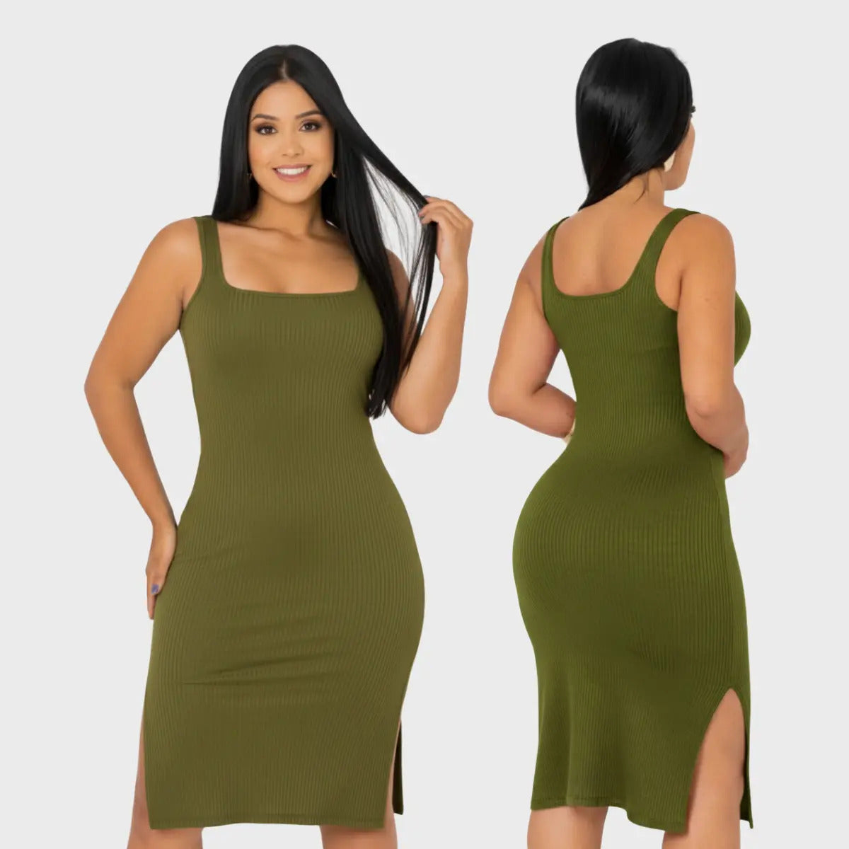 Vestido Midi Canelado Premium Com Alça E Fendas Casual Básico