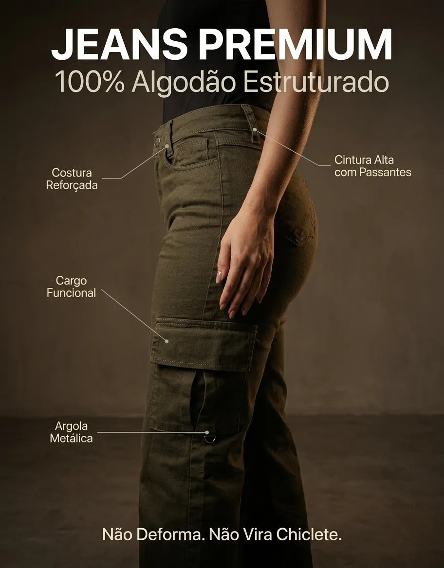 Calça Cargo Feminina Wide Leg Cintura Alta Jeans  Stillger