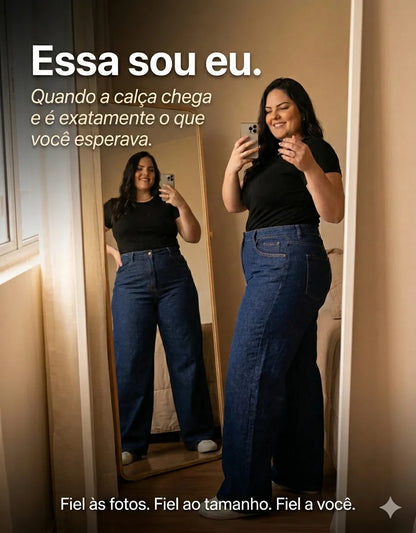 Calça Plus Size Jeans Feminina Wide Leg Levanta Bumbum