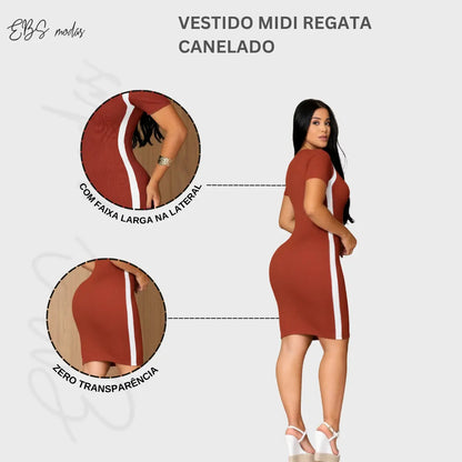 Vestido Canelado Curto Com Manga Casual Básico Modelador