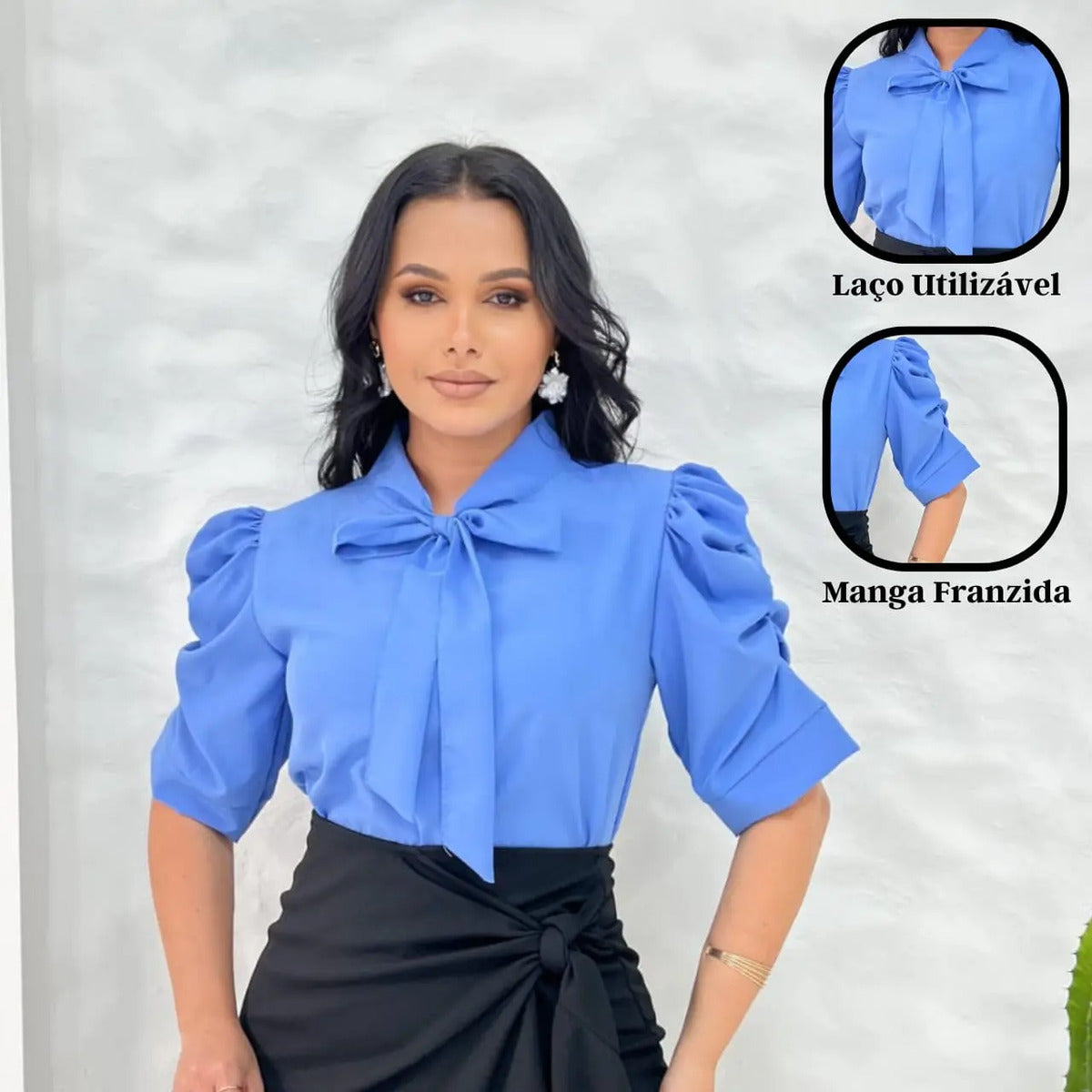 Blusa Feminina Gizele Gola Laço Crepre Seda Manga Franzida