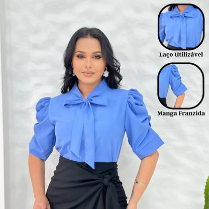 Blusa Feminina Gizele Gola Laço Crepre Seda Manga Franzida
