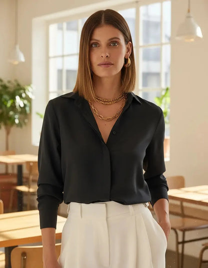 Camisa Seda Feminina Botão Gringa Blusa Moda Clássica 2026