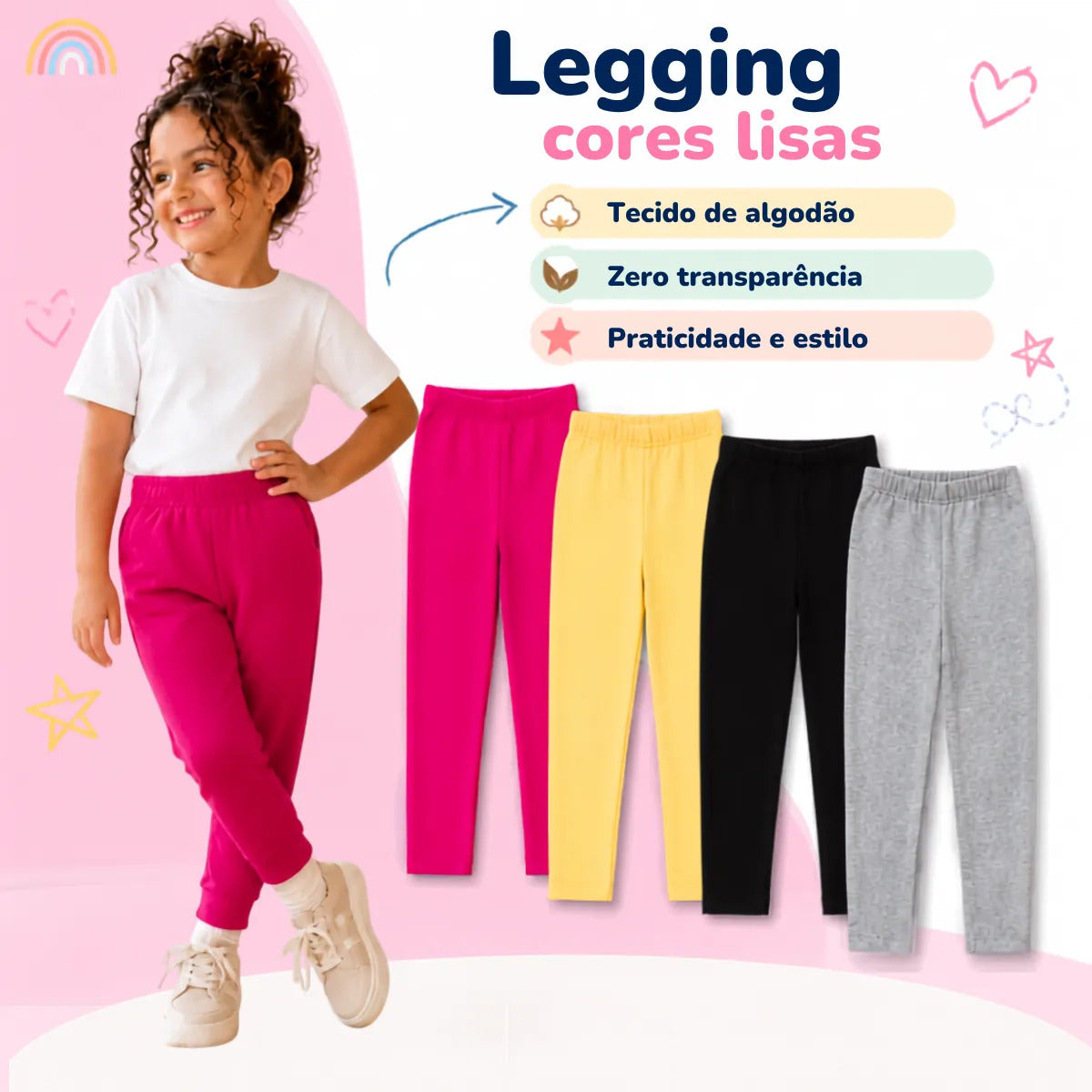 Kit 3 Calça Legging Menina Infantil Algodão Lisa Sortida