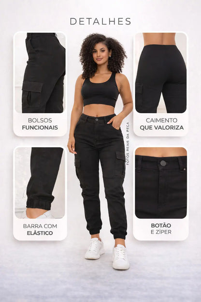 Calça Cargo Jogger Jeans Feminina Cintura Alta Com Lycra